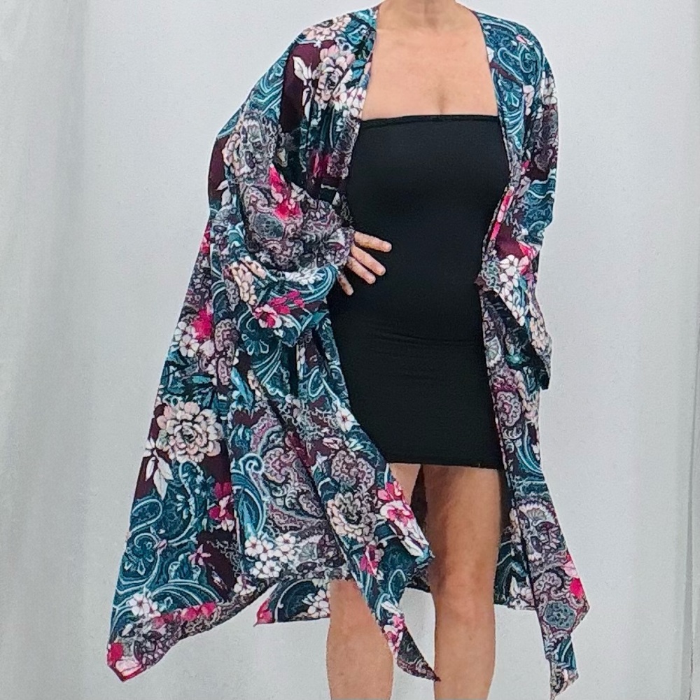 Roaman’s Boho Ethereal Romantic Floral Paisley Long Duster Swim Cover Up Kimono